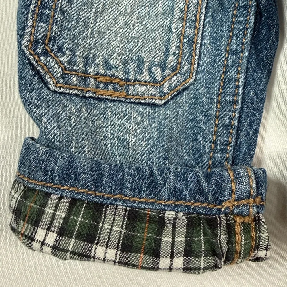 GYMBOREE Baby Boys' Green Tartan Plaid Cuff Knee Patch Jeans Cotton Rustic 6-12M